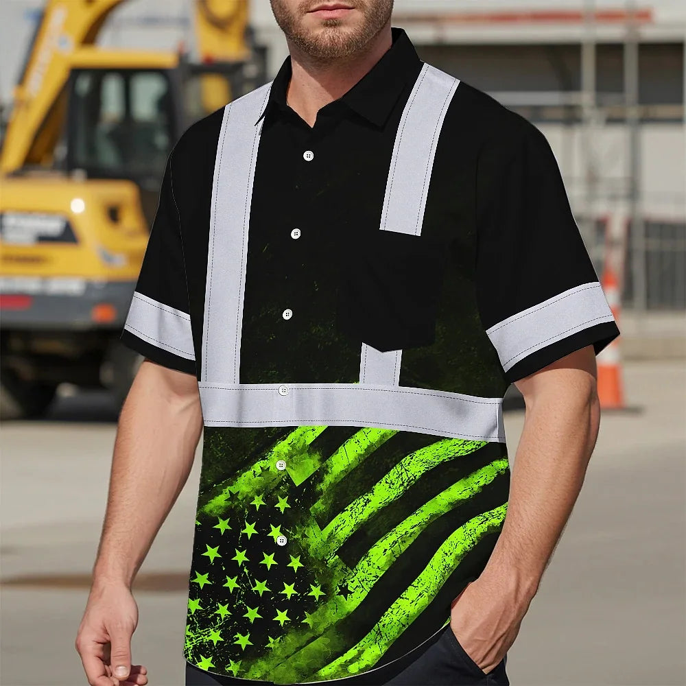 Hi Vis Hawaiian Shirt Reflective US Flag Custom Name Safety Workwear For Workers, Runners, Walkers
