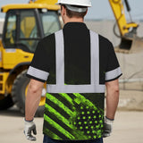Hi Vis Hawaiian Shirt Reflective US Flag Custom Name Safety Workwear For Workers, Runners, Walkers
