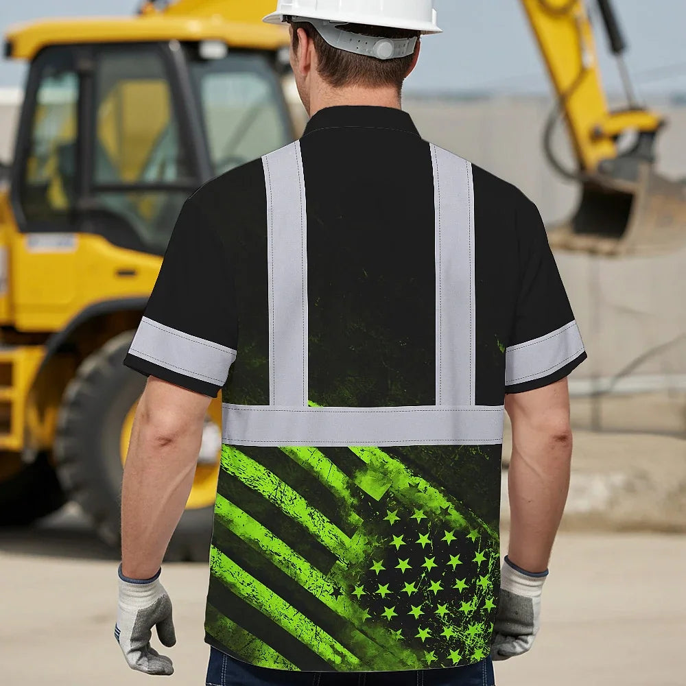 Hi Vis Hawaiian Shirt Reflective US Flag Custom Name Safety Workwear For Workers, Runners, Walkers