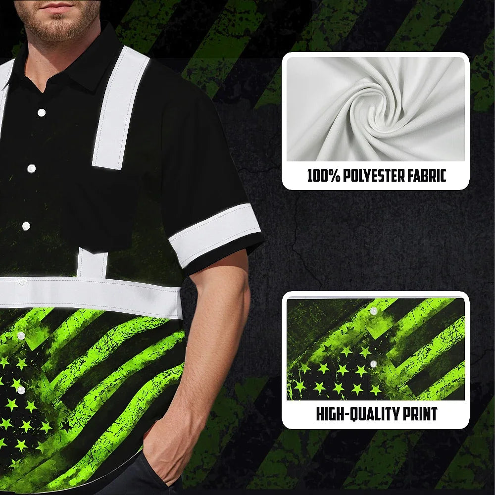 Hi Vis Hawaiian Shirt Reflective US Flag Custom Name Safety Workwear For Workers, Runners, Walkers