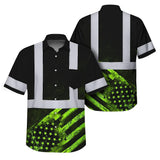 Hi Vis Hawaiian Shirt Reflective US Flag Custom Name Safety Workwear For Workers, Runners, Walkers