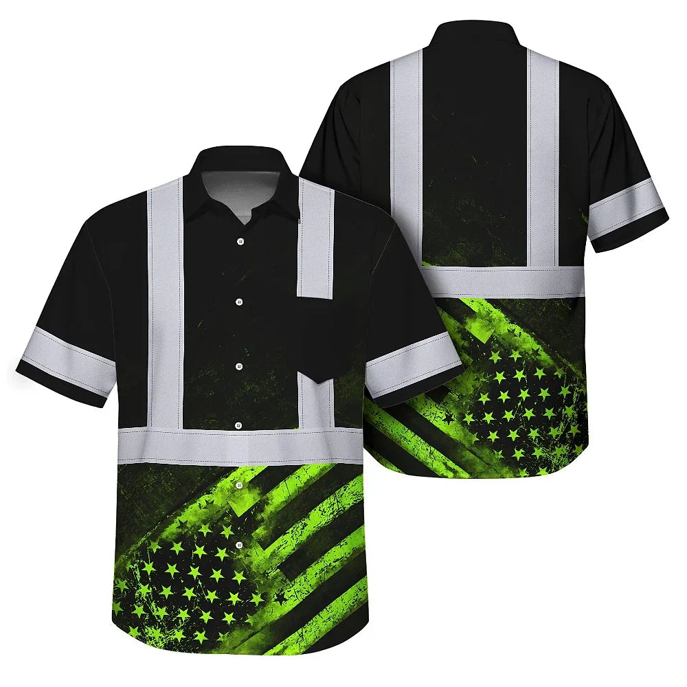 Hi Vis Hawaiian Shirt Reflective US Flag Custom Name Safety Workwear For Workers, Runners, Walkers