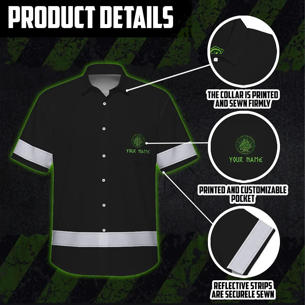 Hi Vis Hawaiian Shirt Reflective Viking Green Neon Custom Safety Workwear For Workers, Truckers, Skull Lover