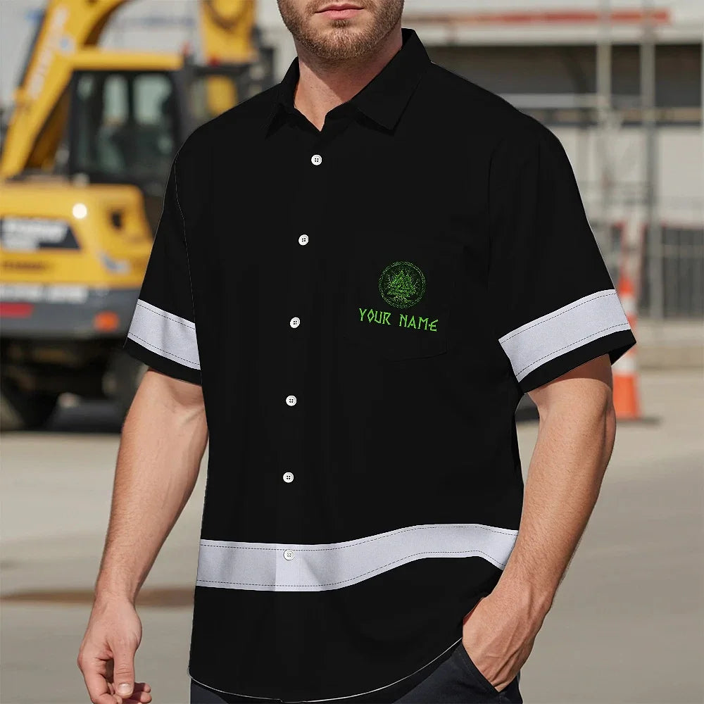 Hi Vis Hawaiian Shirt Reflective Viking Green Neon Custom Safety Workwear For Workers, Truckers, Skull Lover