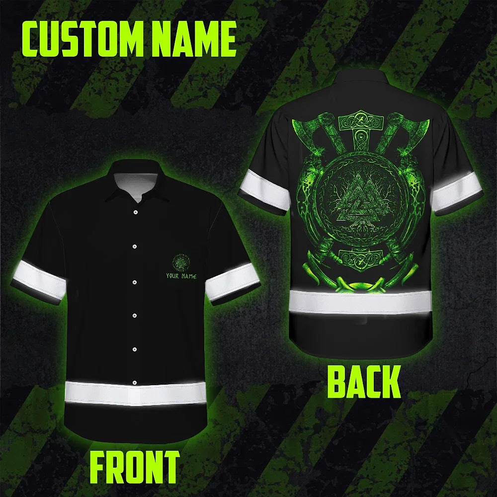 Hi Vis Hawaiian Shirt Reflective Viking Green Neon Custom Safety Workwear For Workers, Truckers, Skull Lover