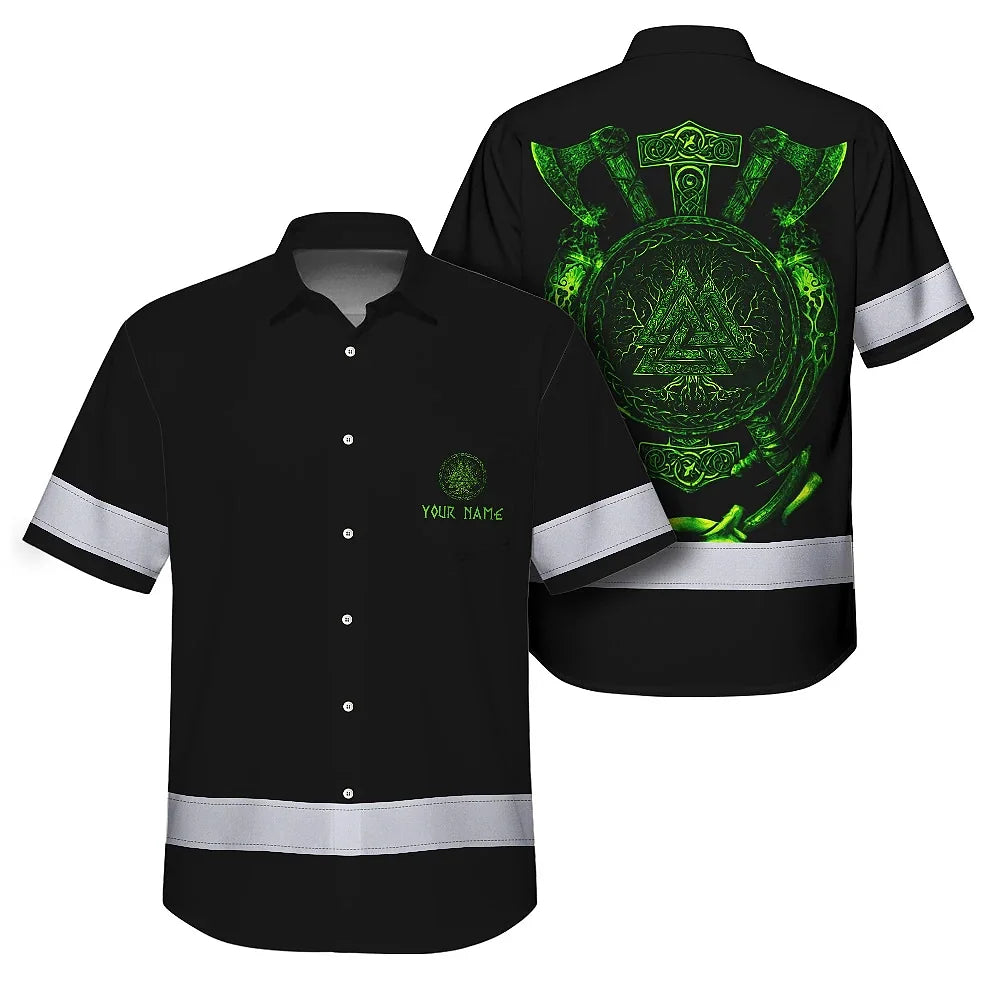 Hi Vis Hawaiian Shirt Reflective Viking Green Neon Custom Safety Workwear For Workers, Truckers, Skull Lover