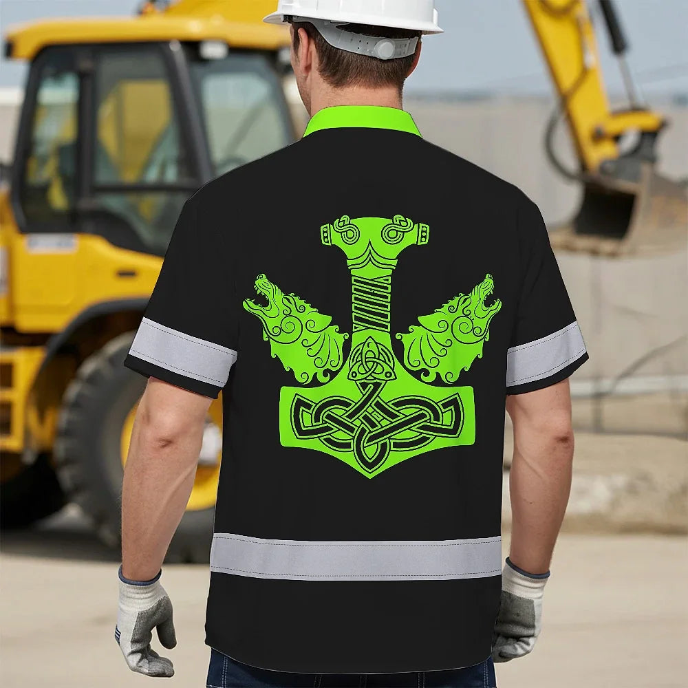 Hi Vis Hawaiian Shirt Reflective Viking Green Neon Hammer Custom Name Safety Workwear For Workers, Truckers, Operators