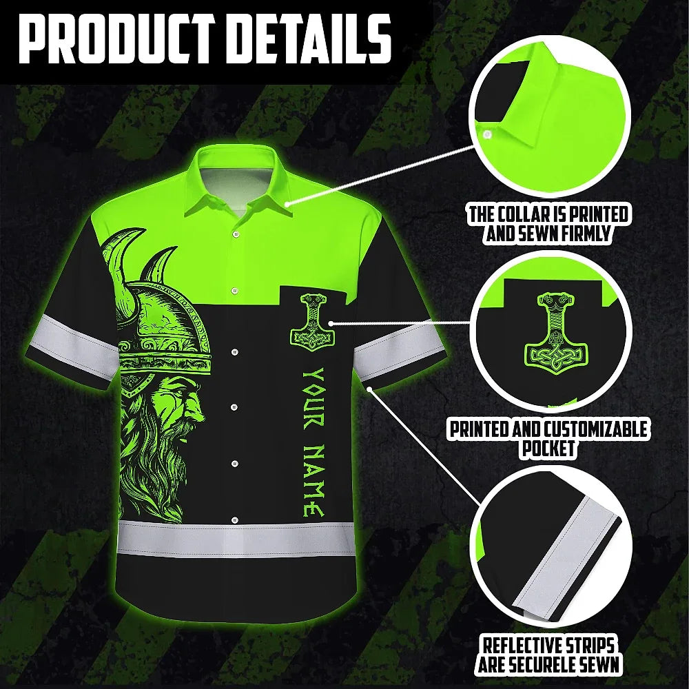 Hi Vis Hawaiian Shirt Reflective Viking Green Neon Hammer Custom Name Safety Workwear For Workers, Truckers, Operators