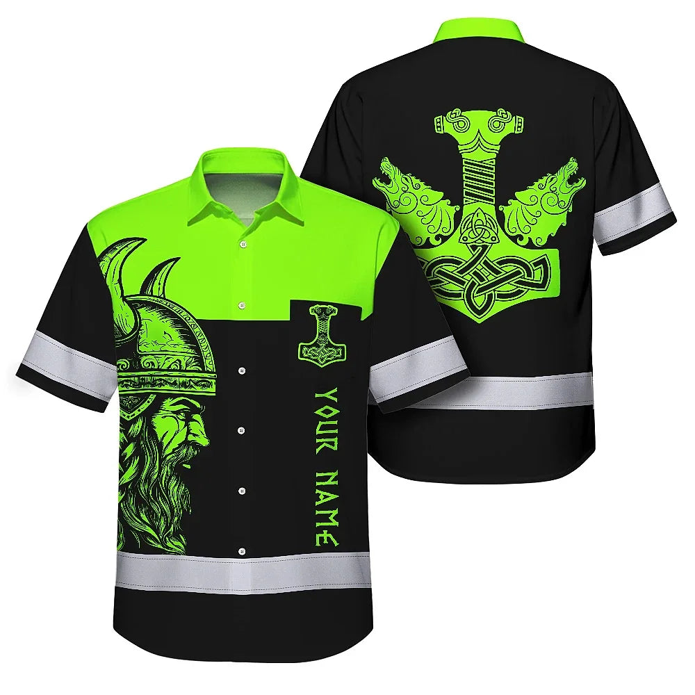 Hi Vis Hawaiian Shirt Reflective Viking Green Neon Hammer Custom Name Safety Workwear For Workers, Truckers, Operators