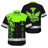 Hi Vis Hawaiian Shirt Reflective Viking Green Neon Hammer Custom Name Safety Workwear For Workers, Truckers, Operators