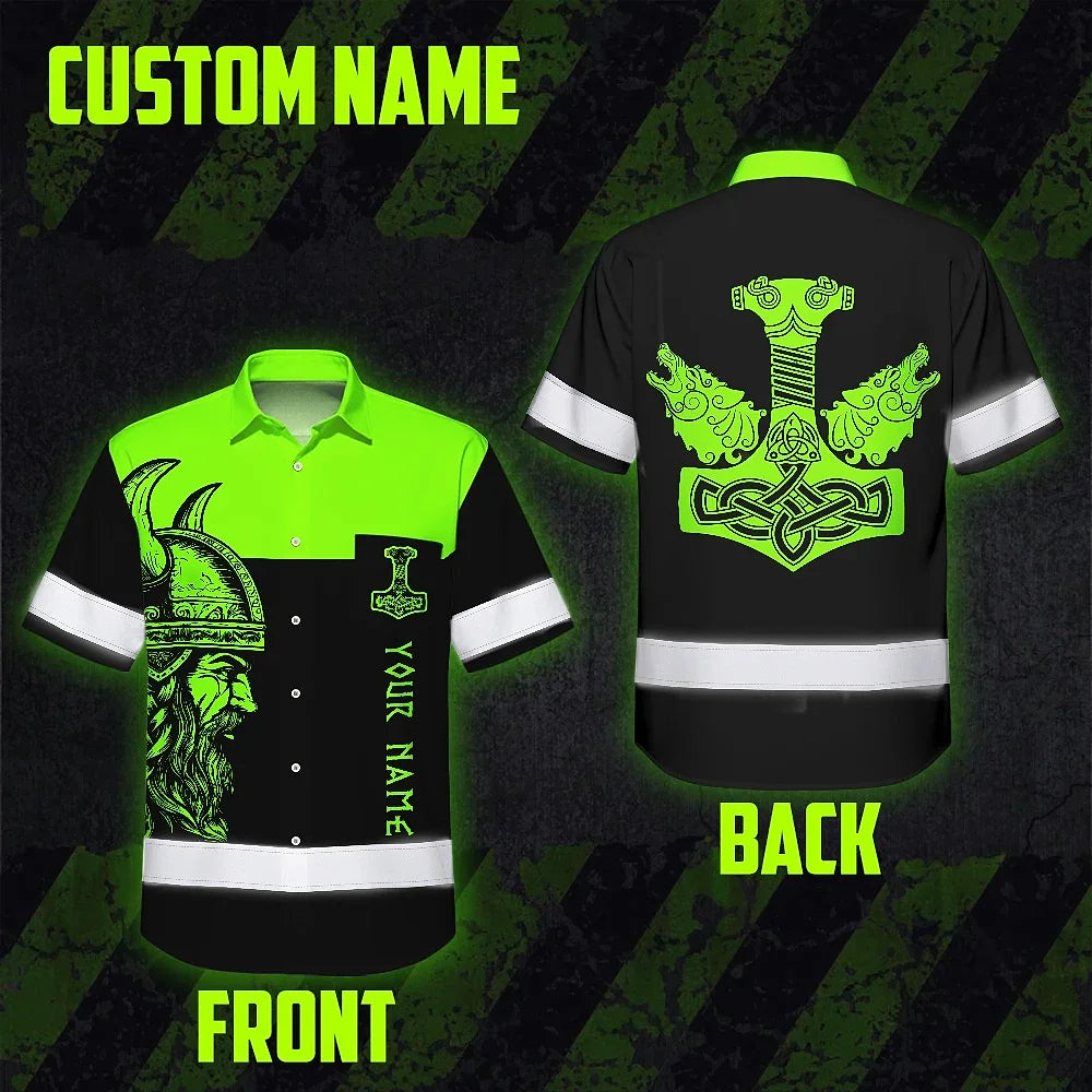 Hi Vis Hawaiian Shirt Reflective Viking Green Neon Hammer Custom Name Safety Workwear For Workers, Truckers, Operators