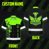 Hi Vis Hawaiian Shirt Reflective Viking Green Neon Hammer Custom Name Safety Workwear For Workers, Truckers, Operators
