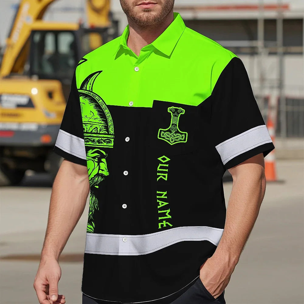 Hi Vis Hawaiian Shirt Reflective Viking Green Neon Hammer Custom Name Safety Workwear For Workers, Truckers, Operators