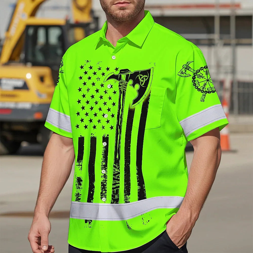 Hi Vis Hawaiian Shirt Reflective Viking Green Neon US Flag Custom Name For Skull Lover