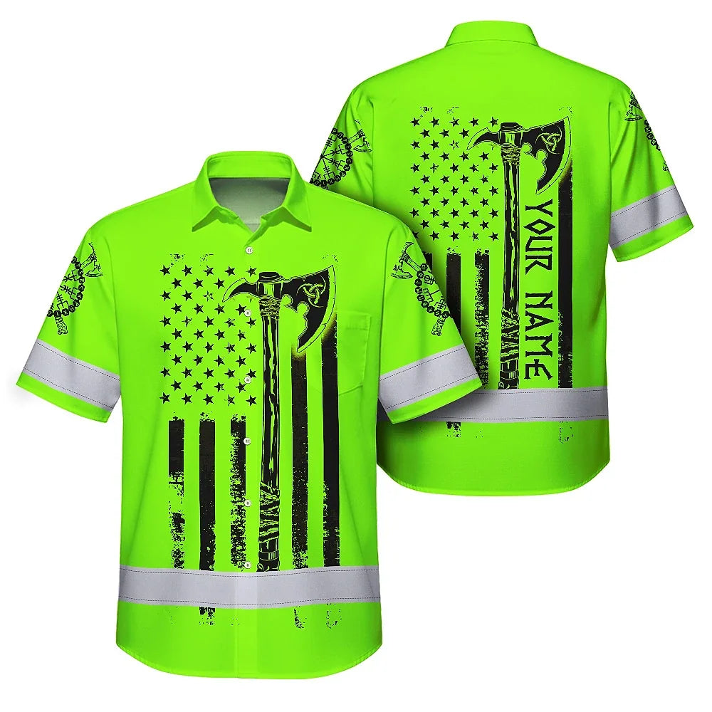 Hi Vis Hawaiian Shirt Reflective Viking Green Neon US Flag Custom Name For Skull Lover