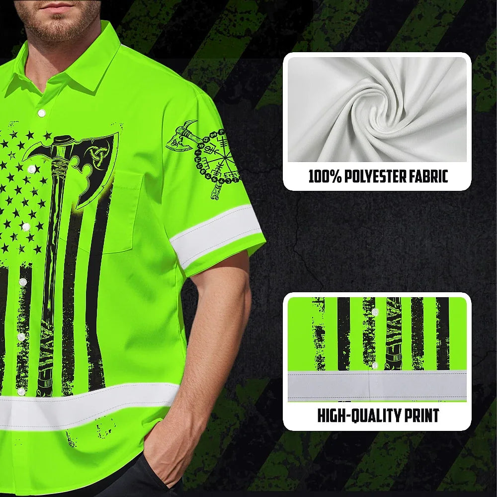 Hi Vis Hawaiian Shirt Reflective Viking Green Neon US Flag Custom Name For Skull Lover