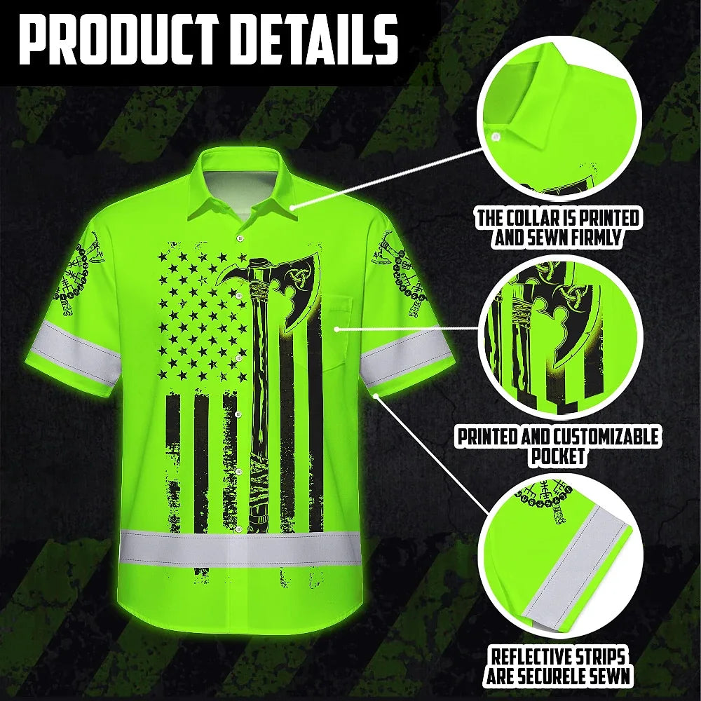 Hi Vis Hawaiian Shirt Reflective Viking Green Neon US Flag Custom Name For Skull Lover