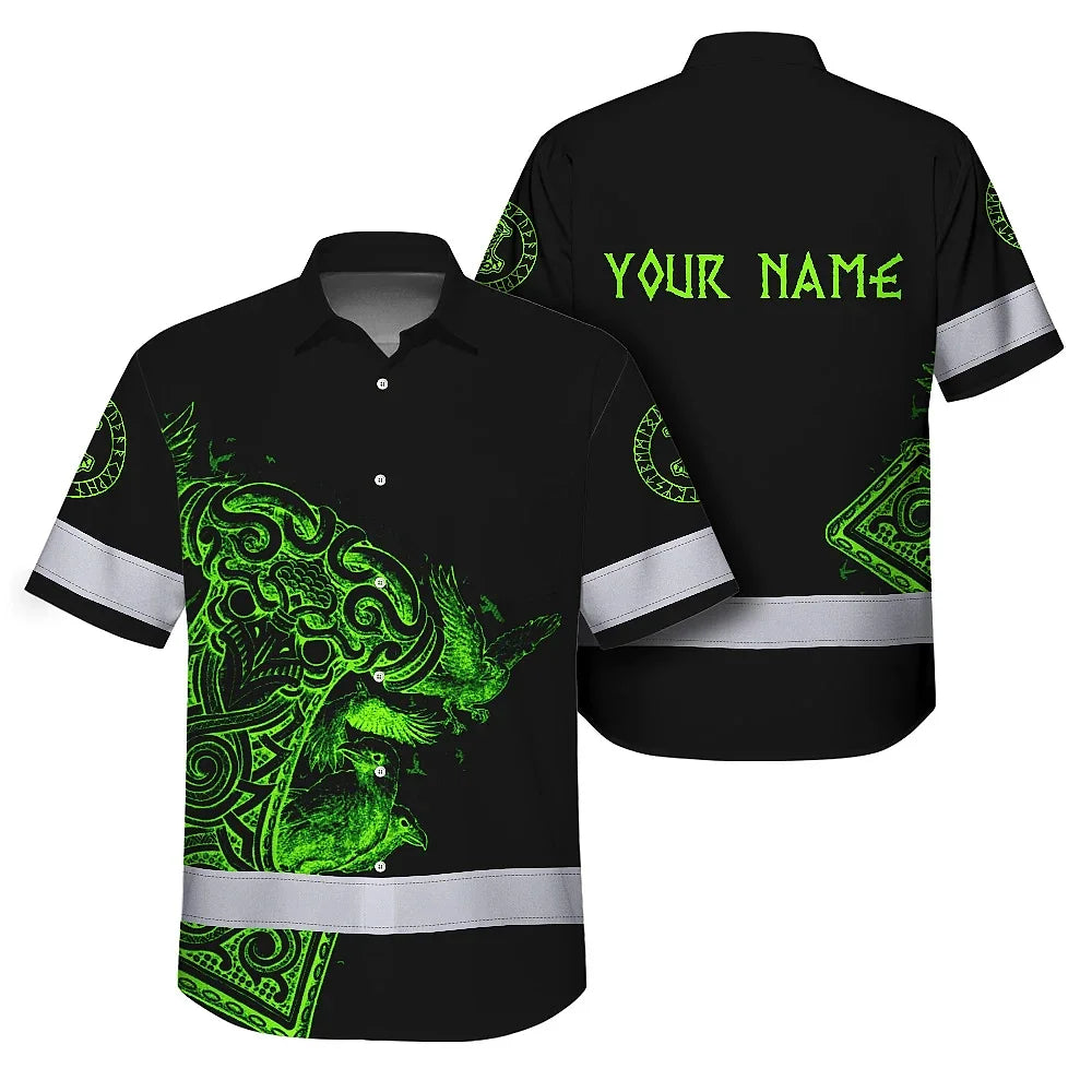 Hi Vis Hawaiian Shirt Reflective Viking Raven Hammer Green Neon Custom Name For Skull Lover
