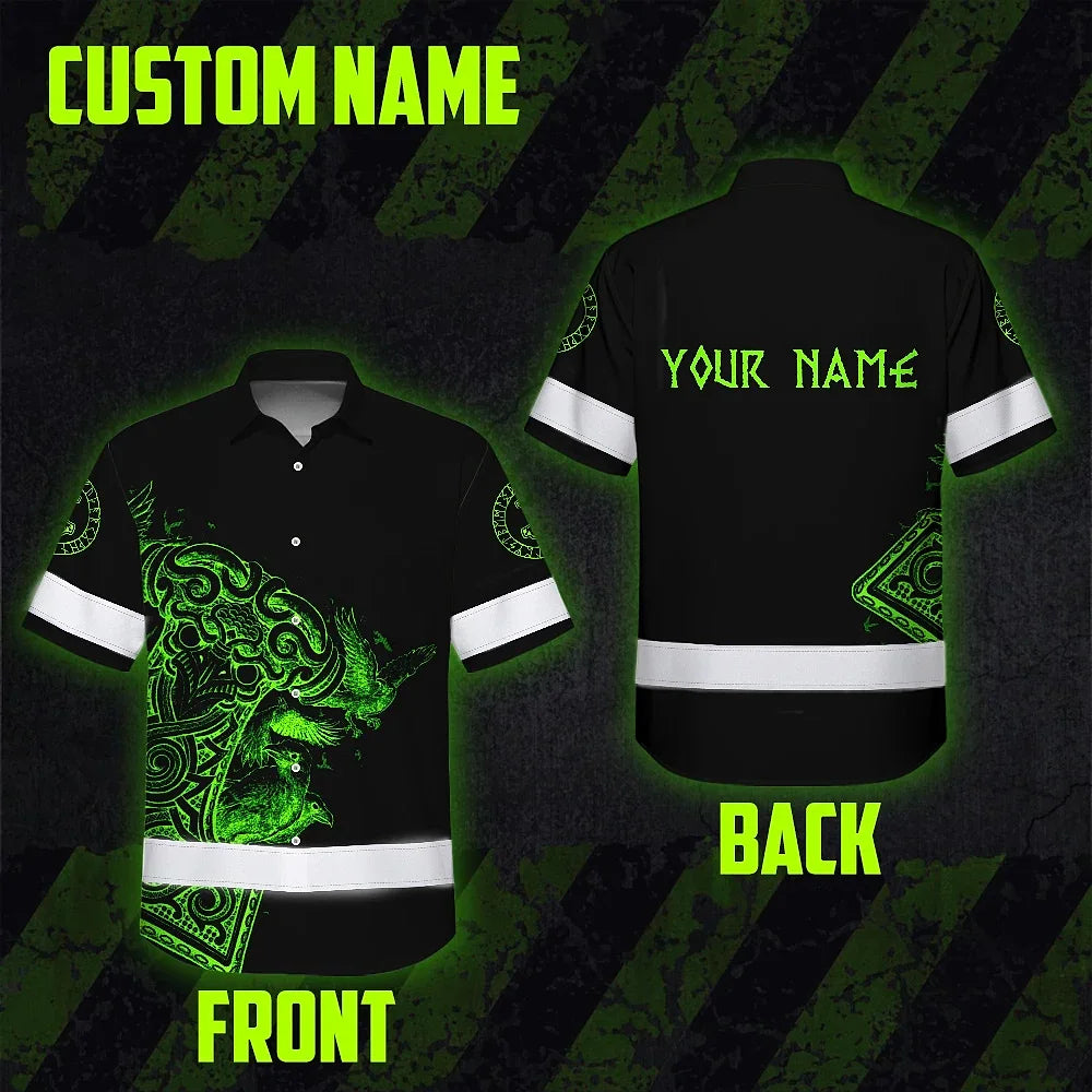 Hi Vis Hawaiian Shirt Reflective Viking Raven Hammer Green Neon Custom Name For Skull Lover
