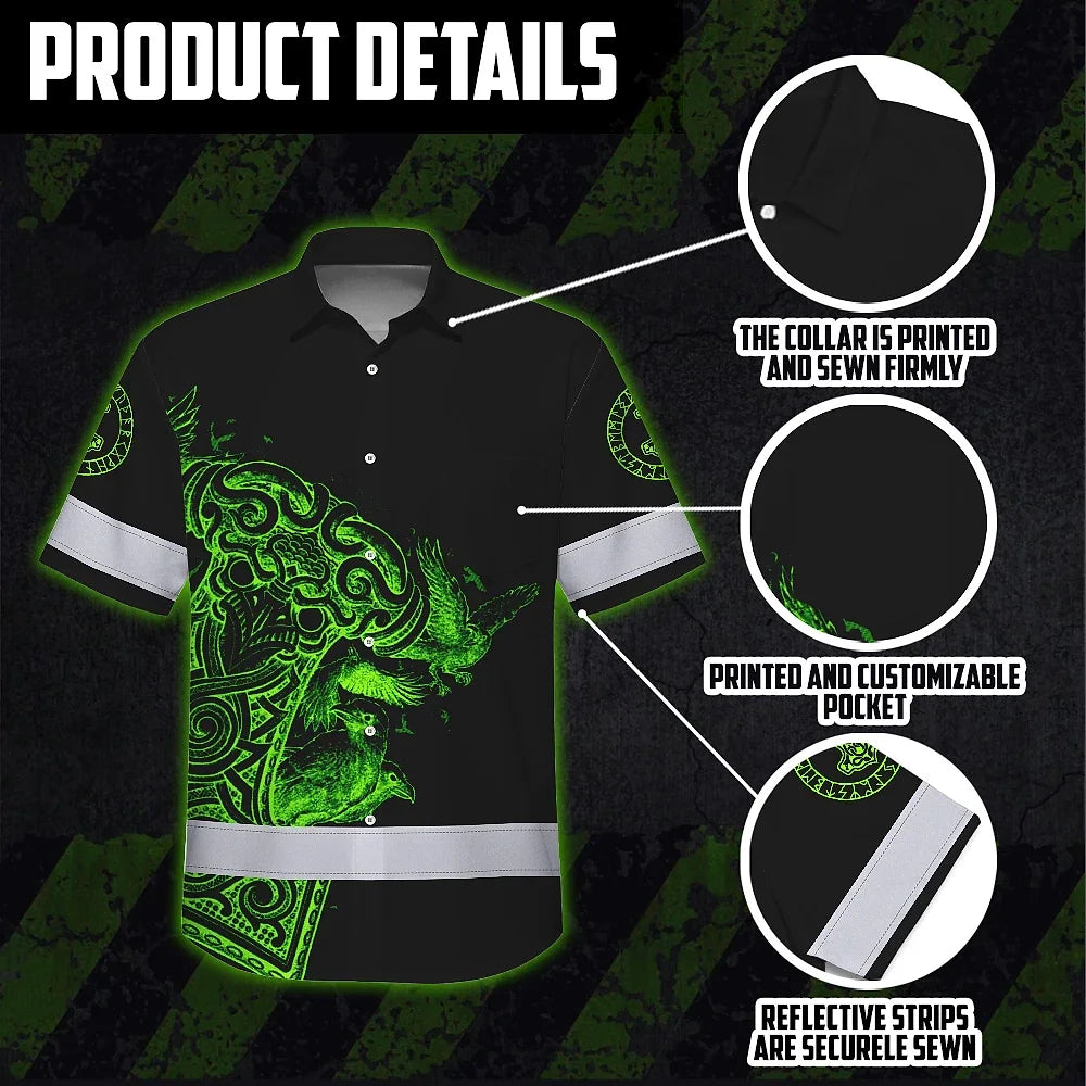 Hi Vis Hawaiian Shirt Reflective Viking Raven Hammer Green Neon Custom Name For Skull Lover