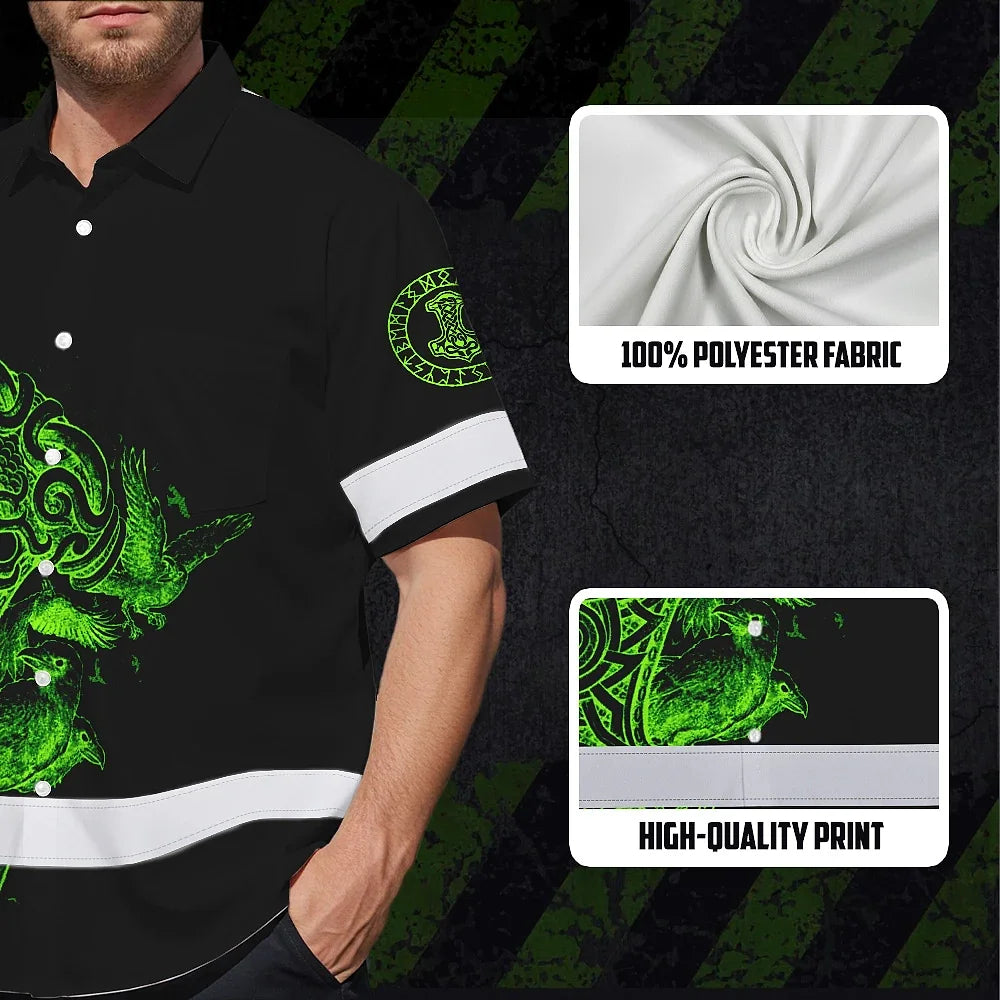 Hi Vis Hawaiian Shirt Reflective Viking Raven Hammer Green Neon Custom Name For Skull Lover