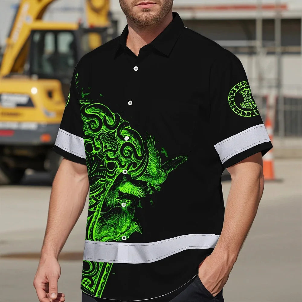 Hi Vis Hawaiian Shirt Reflective Viking Raven Hammer Green Neon Custom Name For Skull Lover