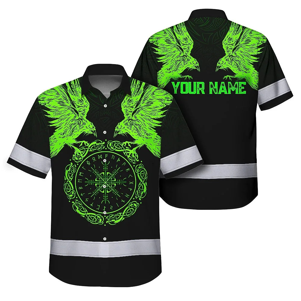 Hi Vis Hawaiian Shirt Reflective Viking Symbol Custom Name For Workers, Truckers, Skull Lovers