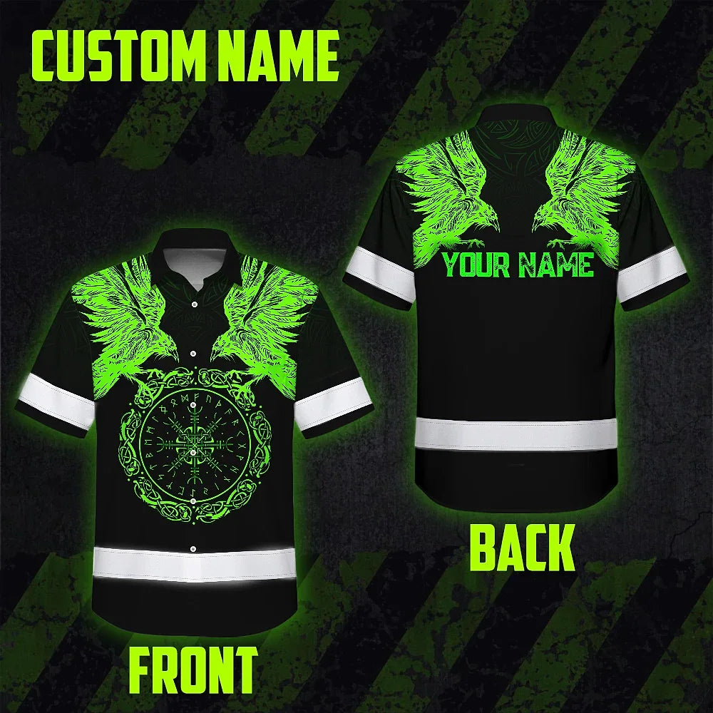 Hi Vis Hawaiian Shirt Reflective Viking Symbol Custom Name For Workers, Truckers, Skull Lovers