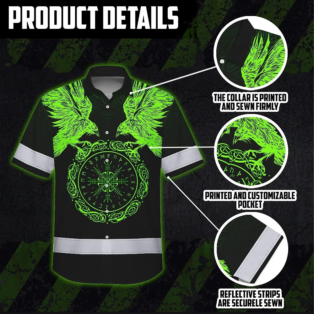 Hi Vis Hawaiian Shirt Reflective Viking Symbol Custom Name For Workers, Truckers, Skull Lovers