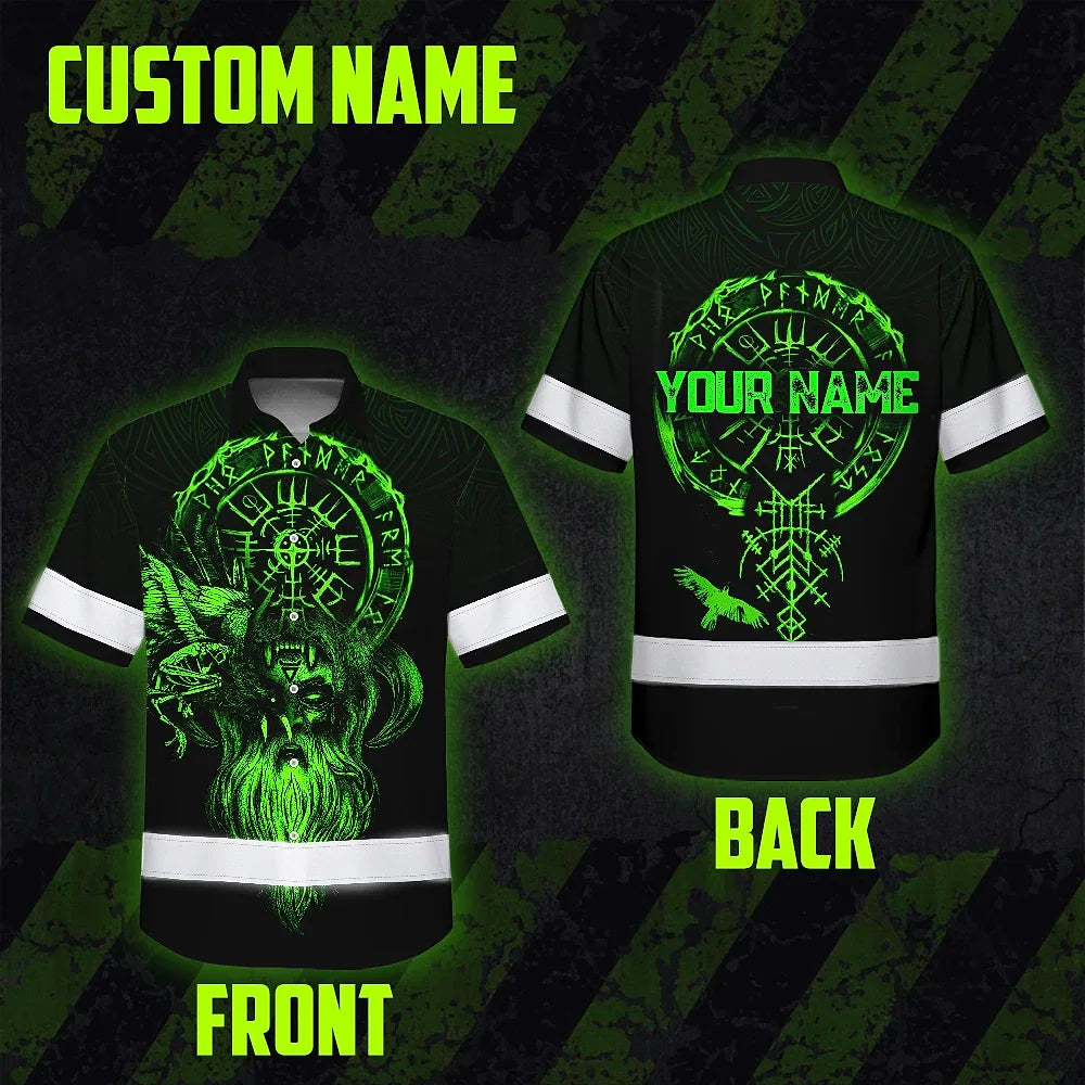 Hi Vis Hawaiian Shirt Reflective Viking Symbol Custom Name Safety Workwear For Workers, Truckers, Operators