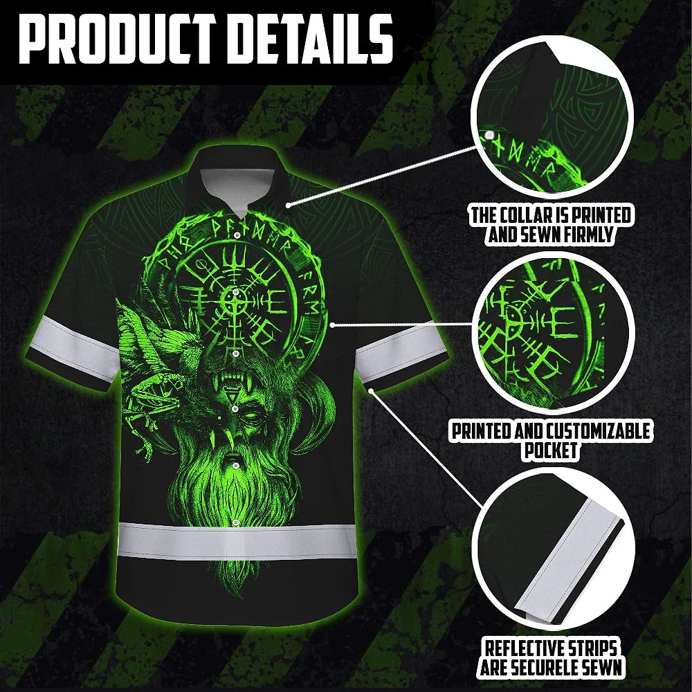 Hi Vis Hawaiian Shirt Reflective Viking Symbol Custom Name Safety Workwear For Workers, Truckers, Operators