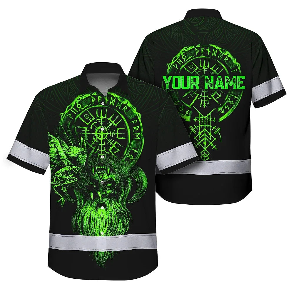 Hi Vis Hawaiian Shirt Reflective Viking Symbol Custom Name Safety Workwear For Workers, Truckers, Operators