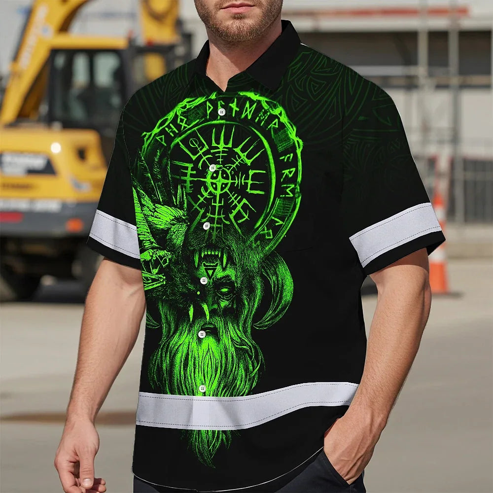 Hi Vis Hawaiian Shirt Reflective Viking Symbol Custom Name Safety Workwear For Workers, Truckers, Operators