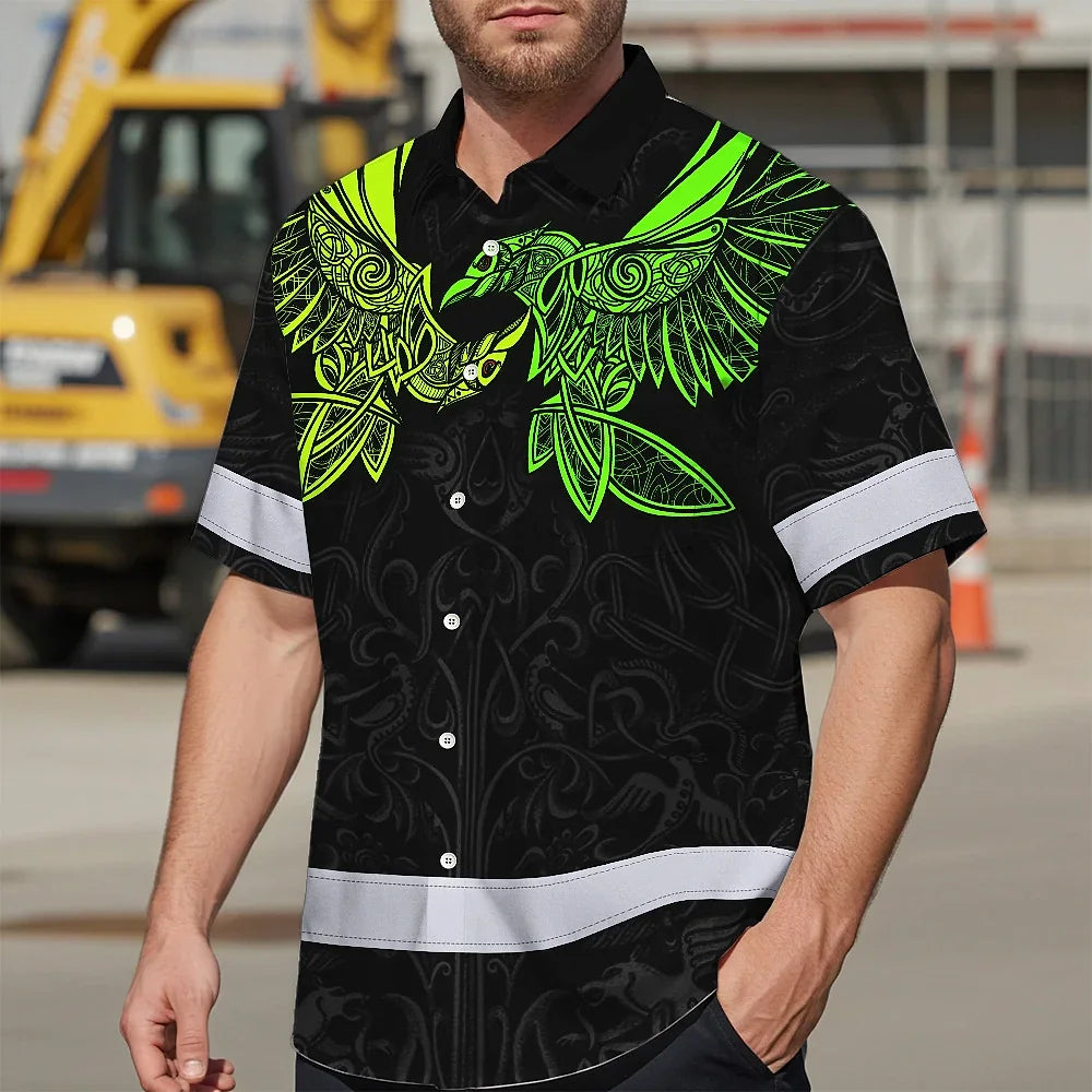 Hi Vis Hawaiian Shirt Reflective Viking Symbol Green Neon Custom Name