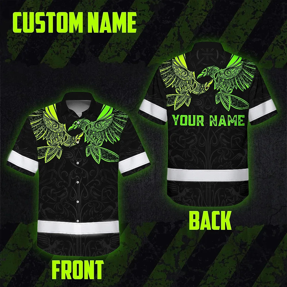 Hi Vis Hawaiian Shirt Reflective Viking Symbol Green Neon Custom Name