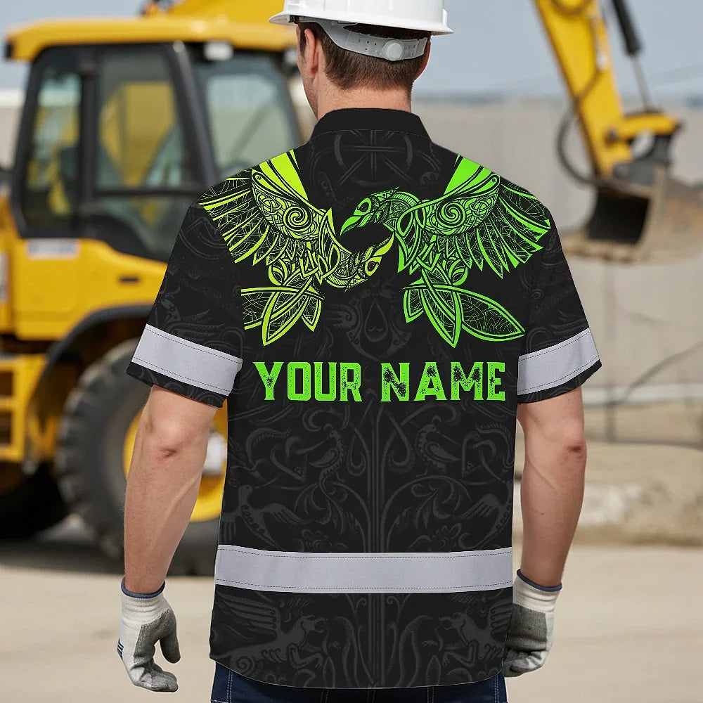 Hi Vis Hawaiian Shirt Reflective Viking Symbol Green Neon Custom Name