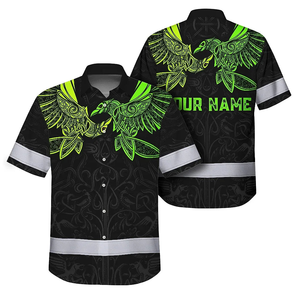 Hi Vis Hawaiian Shirt Reflective Viking Symbol Green Neon Custom Name