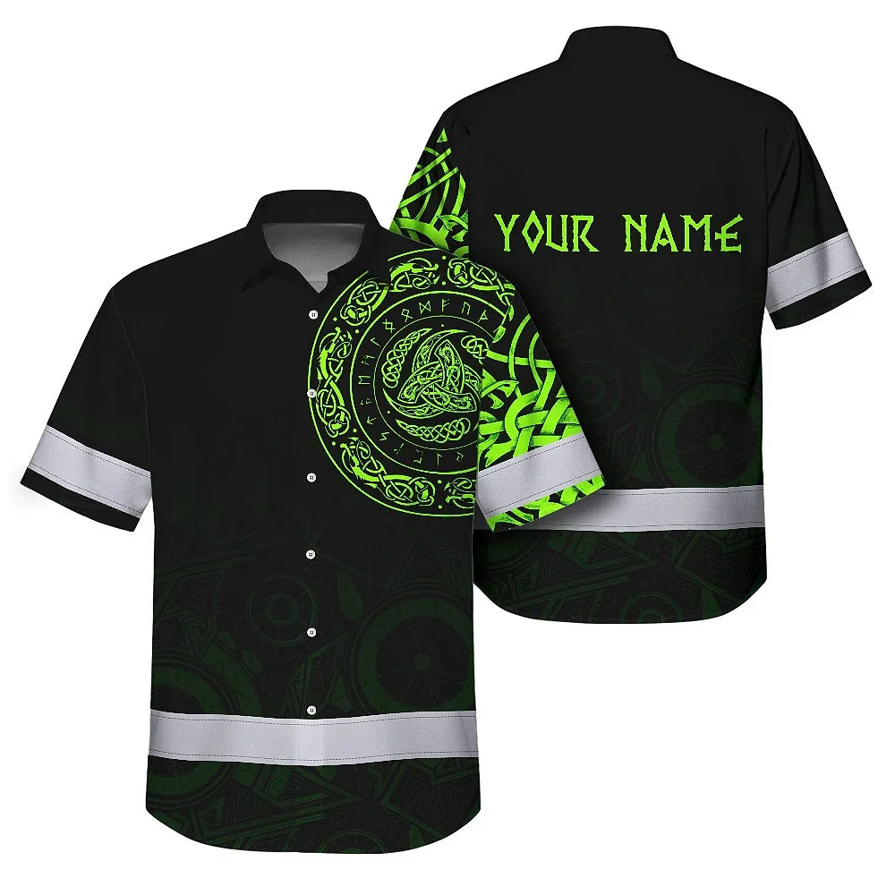 Hi Vis Hawaiian Shirt Reflective Viking Triple Horn Of Odin Gradient Orange Custom Name Safety Workwear For Workers, Truckers