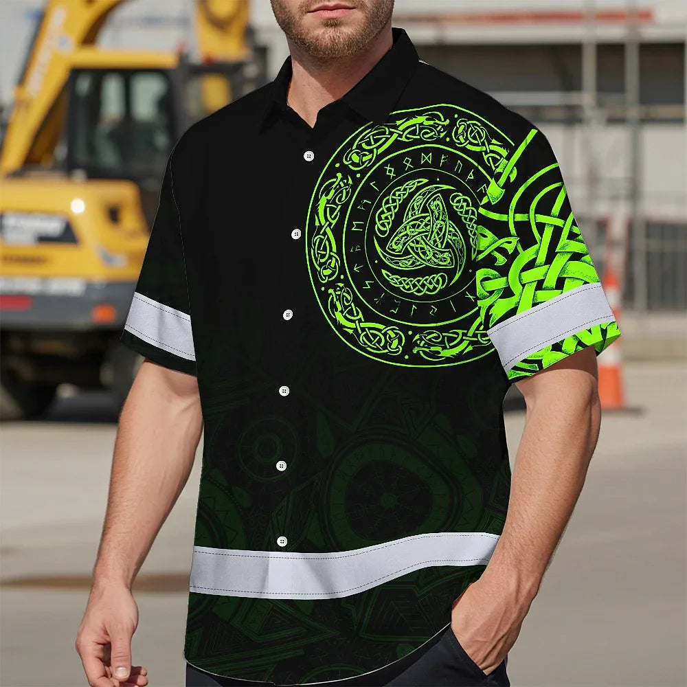 Hi Vis Hawaiian Shirt Reflective Viking Triple Horn Of Odin Gradient Orange Custom Name Safety Workwear For Workers, Truckers