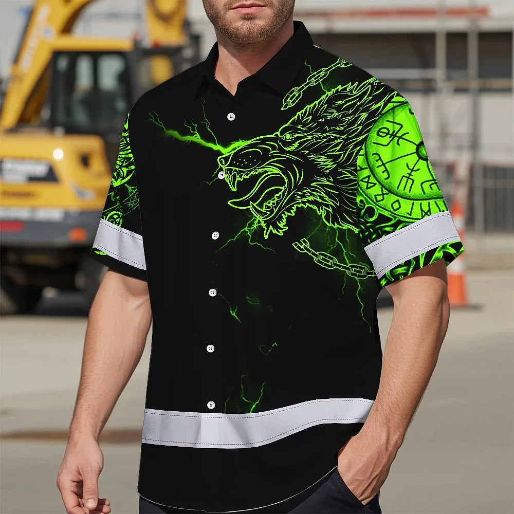 Hi Vis Hawaiian Shirt Reflective Viking With Chain Green Neon Custom Name For Skull Lover