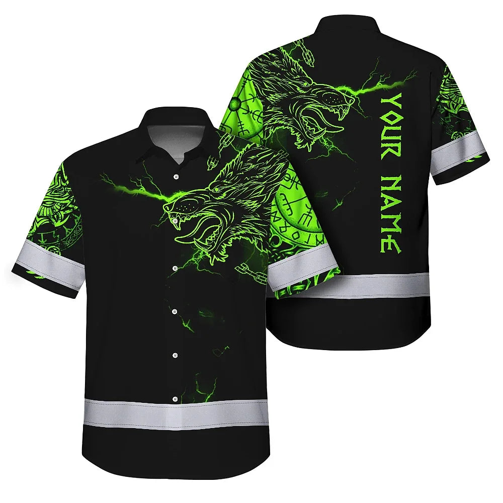 Hi Vis Hawaiian Shirt Reflective Viking With Chain Green Neon Custom Name For Skull Lover