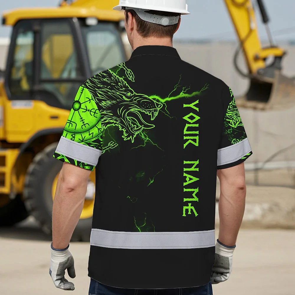 Hi Vis Hawaiian Shirt Reflective Viking With Chain Green Neon Custom Name For Skull Lover