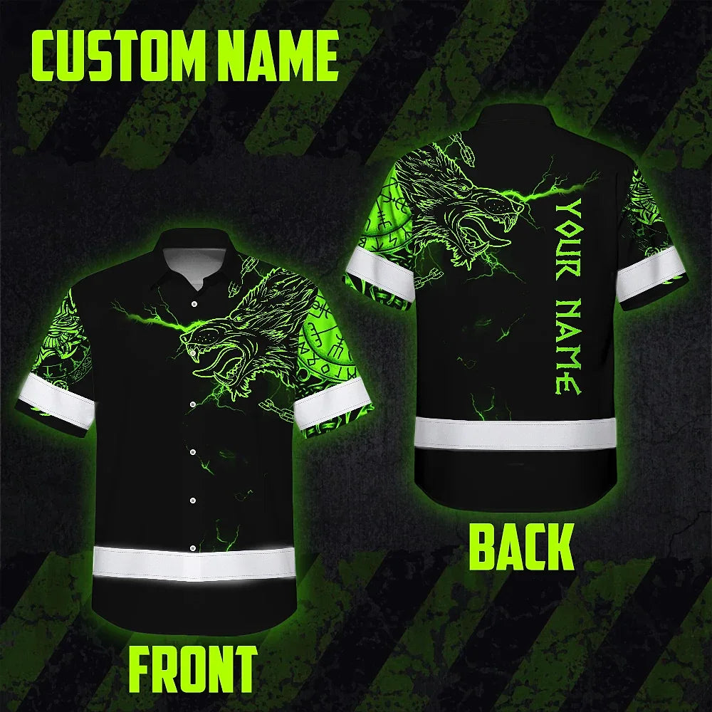 Hi Vis Hawaiian Shirt Reflective Viking With Chain Green Neon Custom Name For Skull Lover