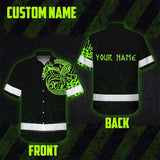 Hi Vis Hawaiian Shirt Reflective Viking Wolf Green Neon Custom Name Safety Workwear For Workers, Truckers