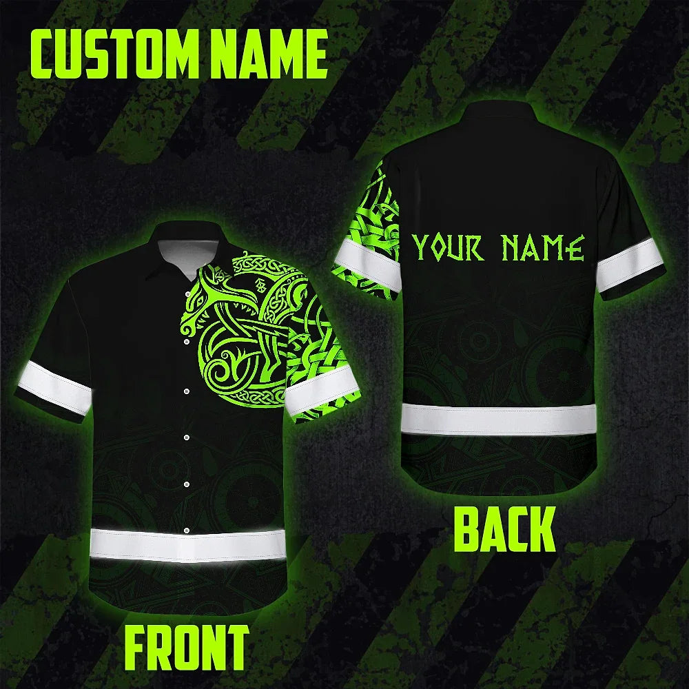 Hi Vis Hawaiian Shirt Reflective Viking Wolf Green Neon Custom Name Safety Workwear For Workers, Truckers