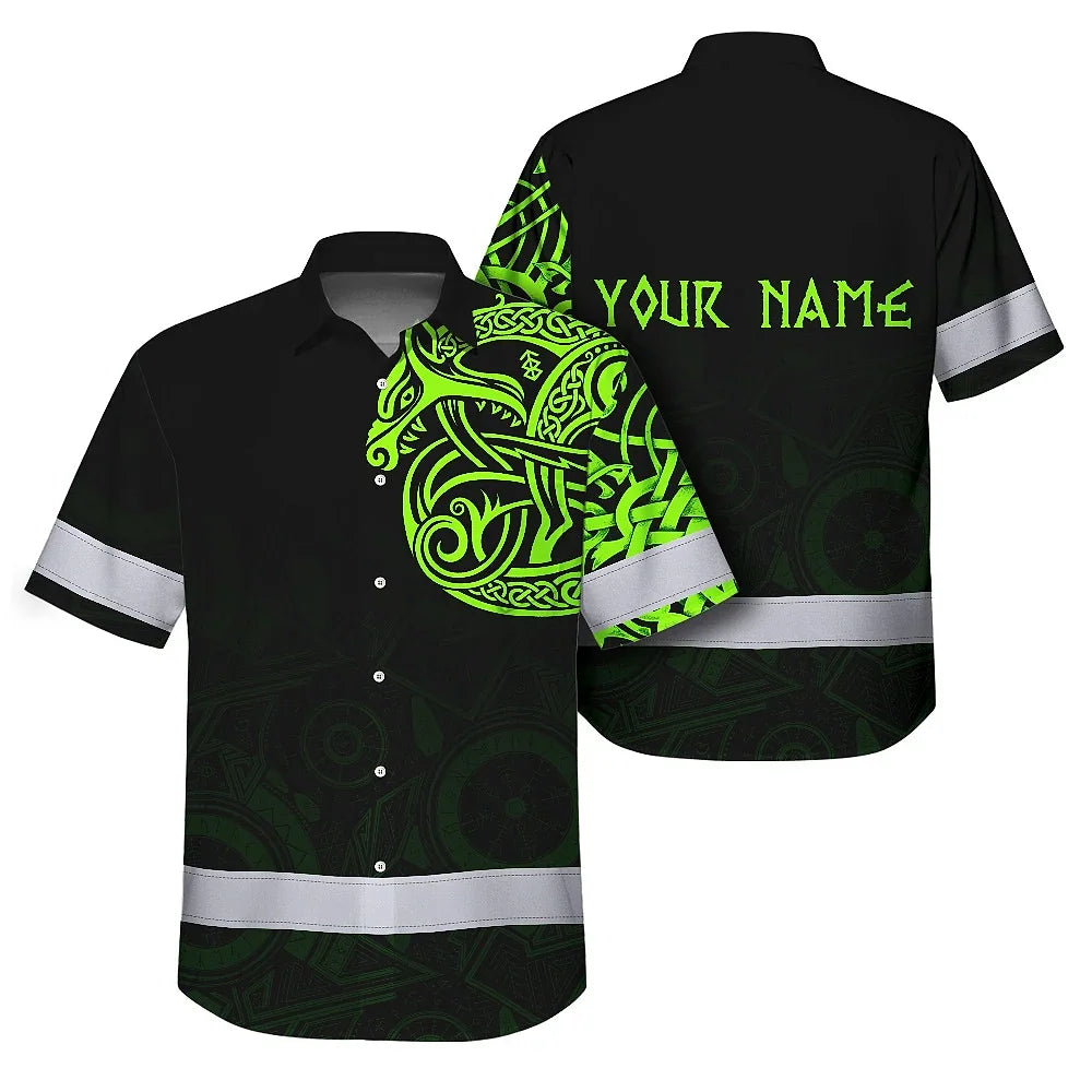 Hi Vis Hawaiian Shirt Reflective Viking Wolf Green Neon Custom Name Safety Workwear For Workers, Truckers