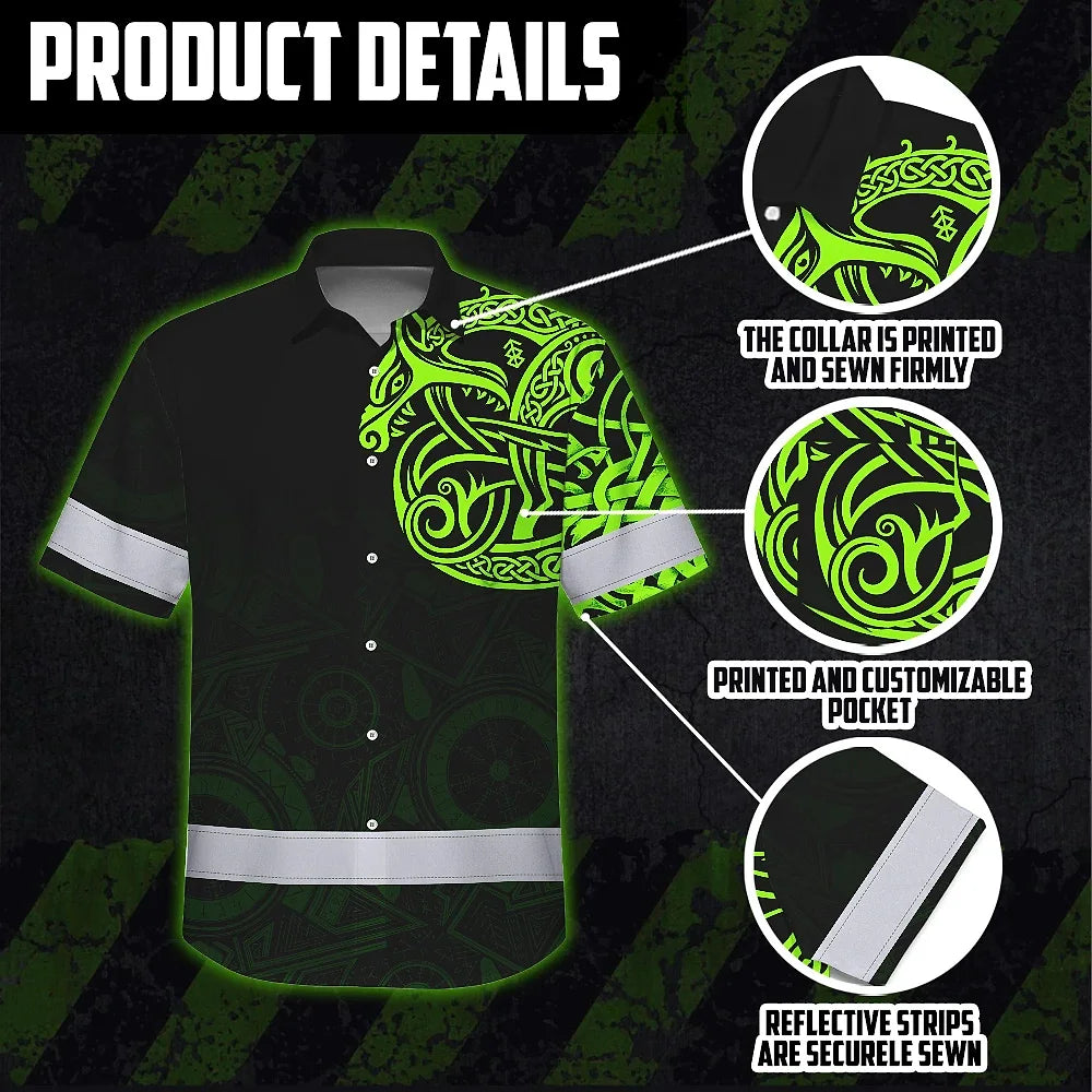 Hi Vis Hawaiian Shirt Reflective Viking Wolf Green Neon Custom Name Safety Workwear For Workers, Truckers