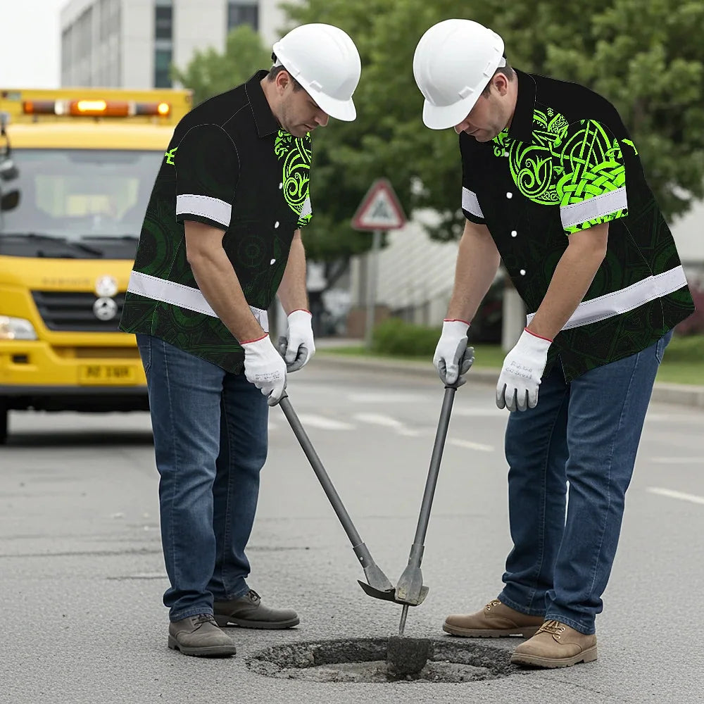 Hi Vis Hawaiian Shirt Reflective Viking Wolf Green Neon Custom Name Safety Workwear For Workers, Truckers