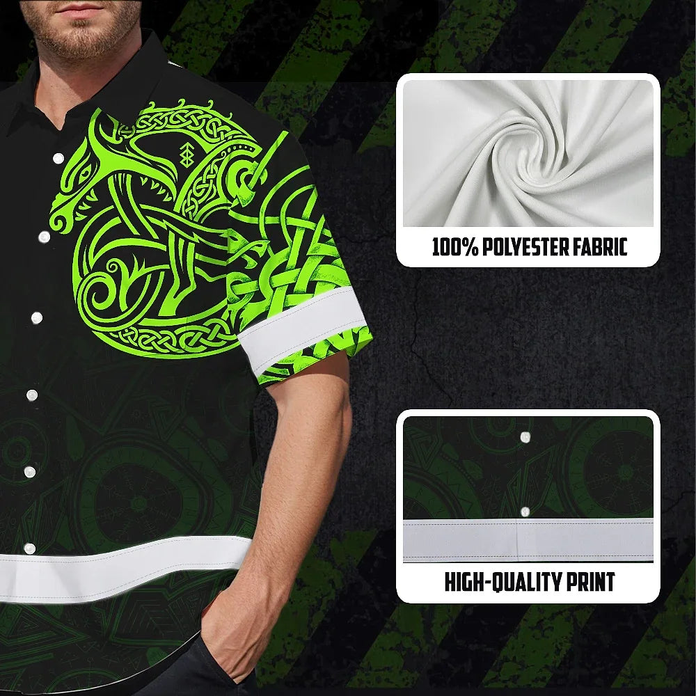 Hi Vis Hawaiian Shirt Reflective Viking Wolf Green Neon Custom Name Safety Workwear For Workers, Truckers