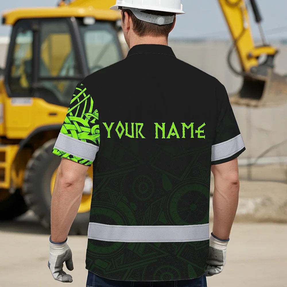 Hi Vis Hawaiian Shirt Reflective Viking Wolf Green Neon Custom Name Safety Workwear For Workers, Truckers